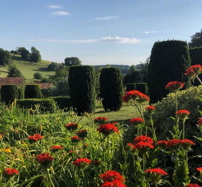 Ornamental garden with neatly trimmed trees and vibrant red flowers in the foreground, rolling green hills under blue sky.