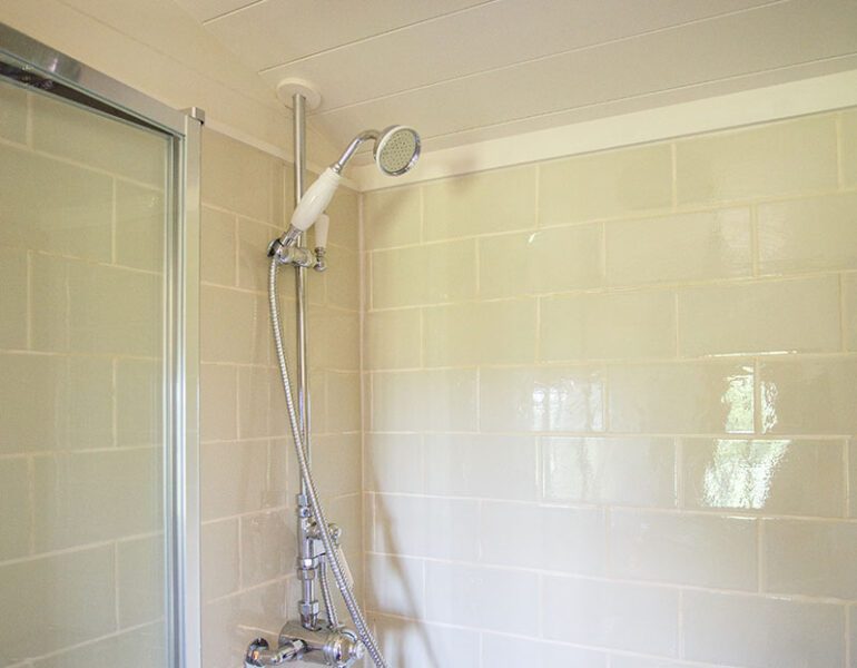 Tiled shower with cream-coloured walls, chrome fixtures,handheld showerhead, and glass door in bright, compact bathroom space.