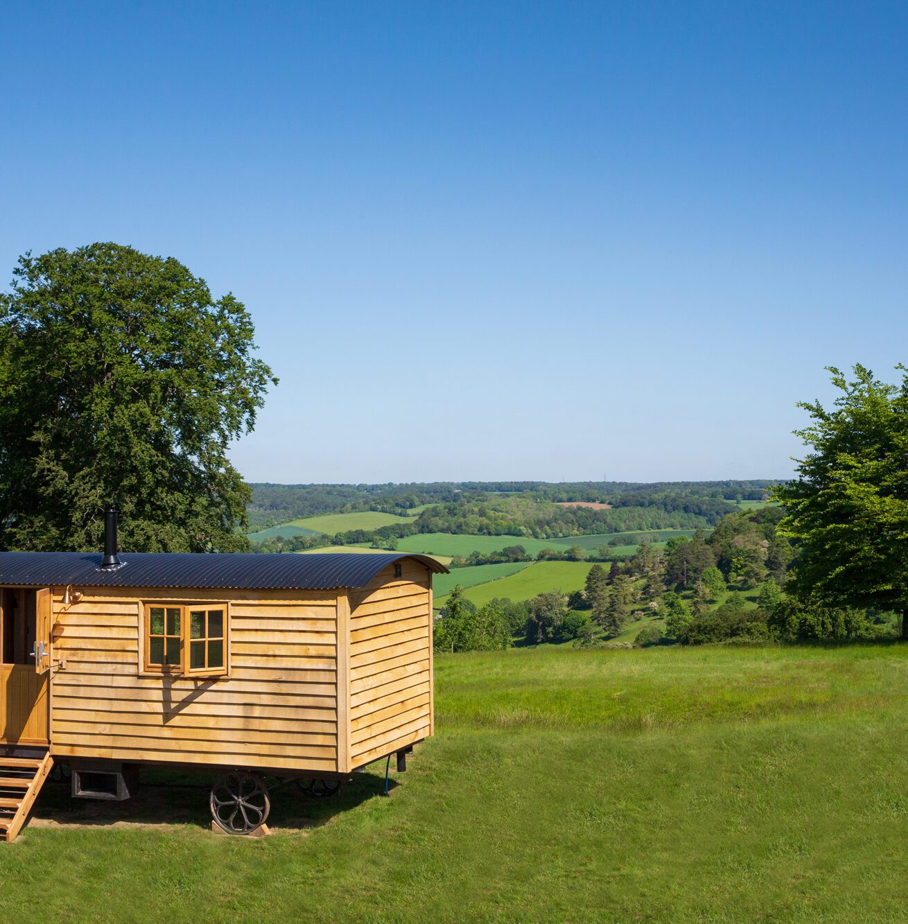Wood-clad shepherd’s hut with black roof on wheels, set in a green field overlooking rolling countryside and trees.