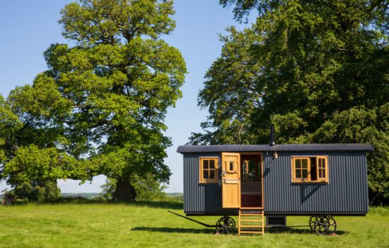 Black tin shepherd’s hut, wooden windows and door on wheels, set in a sunny green field with large trees in the background.