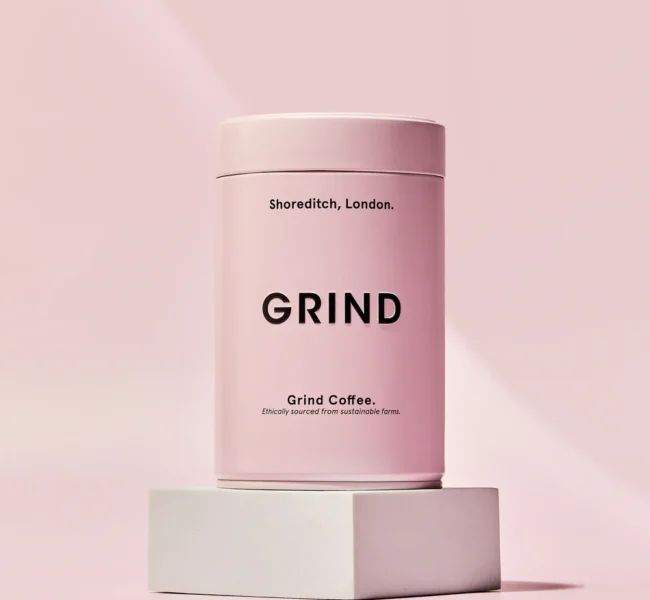 Pink tin labelled 